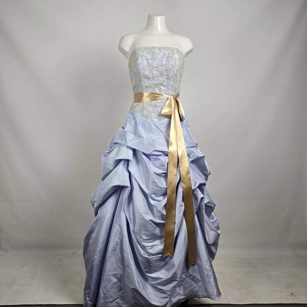 Le Gala Strapless Ball Gown Blue Gold Embroidered Formal Dress Size 10